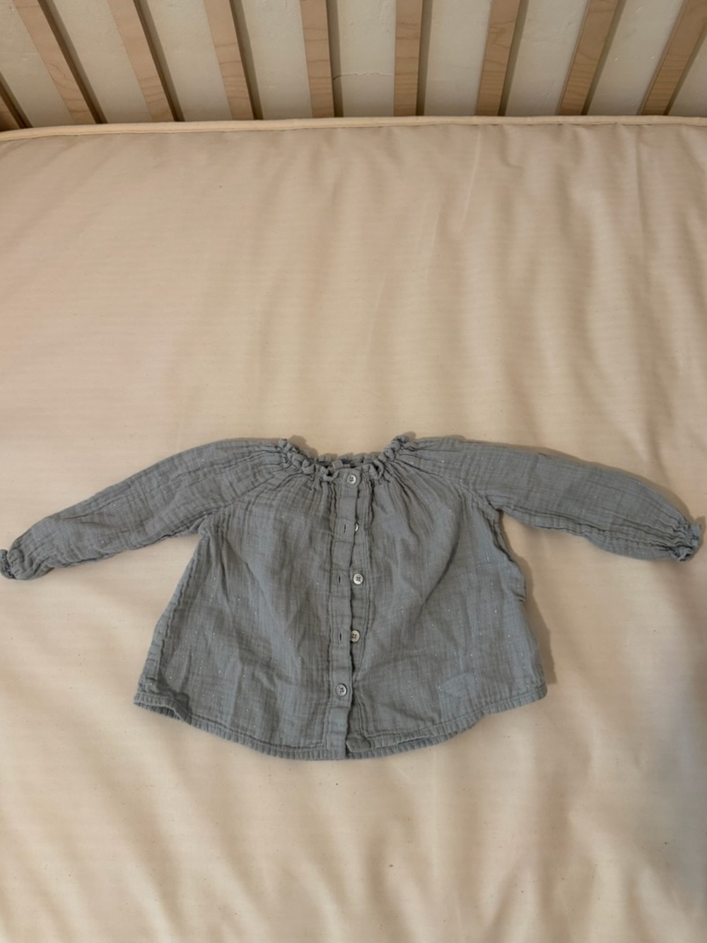 Bonton Girls' Long-Sleeve Cotton Gauze Top - Light Gray/Green